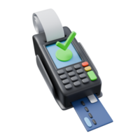 3d render illustration of payment terminal with bank card and bank check and check green sign. financial transactions, money operations concept. trendy cartoon style 3D illustration png