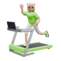 3d rendre illustration de fille utilisation une tapis roulant et agitant main. des sports activités, une en bonne santé mode de vie concept. branché dessin animé style 3d illustration png