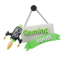 3d render illustration of rocket in black and green colors and coming soon sign. launch, start up and grow strategy concept. trendy cartoon style 3D illustration png
