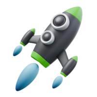 3d framställa illustration av raket i svart och grön färger och blå flamma. lansera, Start upp och växa strategi begrepp. trendig tecknad serie stil 3d illustration png