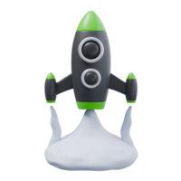 3d render illustration of rocket in black and green colors and white gas cloud. launch, start up and grow strategy concept. trendy cartoon style 3D illustration png