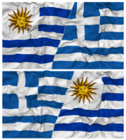 grekland och uruguay halv kombinerad flaggor bakgrund med trasa stöta textur, bilateral relationer, fred och konflikt, 3d tolkning png