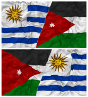 Jordânia e Uruguai metade combinado bandeiras fundo com pano colisão textura, bilateral relações, Paz e conflito, 3d Renderização png