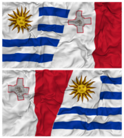 Malta en Uruguay voor de helft gecombineerd vlaggen achtergrond met kleding buil textuur, bilateraal relaties, vrede en conflict, 3d renderen png