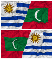 Maldiven en Uruguay voor de helft gecombineerd vlaggen achtergrond met kleding buil textuur, bilateraal relaties, vrede en conflict, 3d renderen png