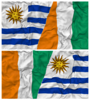 ivoor kust en Uruguay voor de helft gecombineerd vlaggen achtergrond met kleding buil textuur, bilateraal relaties, vrede en conflict, 3d renderen png