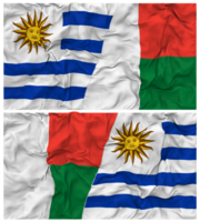 Madagáscar e Uruguai metade combinado bandeiras fundo com pano colisão textura, bilateral relações, Paz e conflito, 3d Renderização png