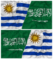 KSA, Kingdom of Saudi Arabia and Uruguay Half Combined Flags Background with Cloth Bump Texture, Bilateral Relations, Peace and Conflict, 3D Rendering png