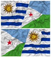 Dschibuti und Uruguay Hälfte kombiniert Flaggen Hintergrund mit Stoff stoßen Textur, bilateral Beziehungen, Frieden und Konflikt, 3d Rendern png