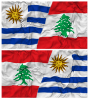 libanon och uruguay halv kombinerad flaggor bakgrund med trasa stöta textur, bilateral relationer, fred och konflikt, 3d tolkning png