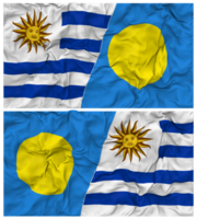 Palau and Uruguay Half Combined Flags Background with Cloth Bump Texture, Bilateral Relations, Peace and Conflict, 3D Rendering png
