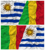 Mali en Uruguay voor de helft gecombineerd vlaggen achtergrond met kleding buil textuur, bilateraal relaties, vrede en conflict, 3d renderen png