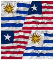 Liberia en Uruguay voor de helft gecombineerd vlaggen achtergrond met kleding buil textuur, bilateraal relaties, vrede en conflict, 3d renderen png