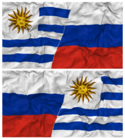 Rússia e Uruguai metade combinado bandeiras fundo com pano colisão textura, bilateral relações, Paz e conflito, 3d Renderização png