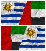 unido árabe emiratos y Uruguay medio conjunto banderas antecedentes con paño bache textura, bilateral relaciones, paz y conflicto, 3d representación png