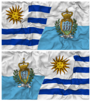 san marino en Uruguay voor de helft gecombineerd vlaggen achtergrond met kleding buil textuur, bilateraal relaties, vrede en conflict, 3d renderen png