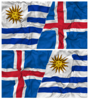 Islande et Uruguay moitié combiné drapeaux Contexte avec tissu bosse texture, bilatéral rapports, paix et conflit, 3d le rendu png