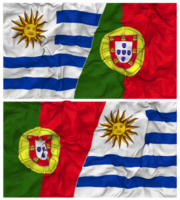 Portugal e Uruguai metade combinado bandeiras fundo com pano colisão textura, bilateral relações, Paz e conflito, 3d Renderização png