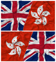 hong kong och förenad rike halv kombinerad flaggor bakgrund med trasa stöta textur, bilateral relationer, fred och konflikt, 3d tolkning png