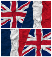 France et uni Royaume moitié combiné drapeaux Contexte avec tissu bosse texture, bilatéral rapports, paix et conflit, 3d le rendu png