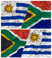 Sud Afrique et Uruguay moitié combiné drapeaux Contexte avec tissu bosse texture, bilatéral rapports, paix et conflit, 3d le rendu png