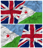 djibouti och förenad rike halv kombinerad flaggor bakgrund med trasa stöta textur, bilateral relationer, fred och konflikt, 3d tolkning png