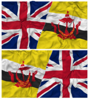 brunei e Unidos reino metade combinado bandeiras fundo com pano colisão textura, bilateral relações, Paz e conflito, 3d Renderização png