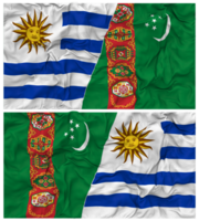 turkménistan et Uruguay moitié combiné drapeaux Contexte avec tissu bosse texture, bilatéral rapports, paix et conflit, 3d le rendu png