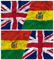 Bolivia en Verenigde koninkrijk voor de helft gecombineerd vlaggen achtergrond met kleding buil textuur, bilateraal relaties, vrede en conflict, 3d renderen png