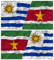 Suriname and Uruguay Half Combined Flags Background with Cloth Bump Texture, Bilateral Relations, Peace and Conflict, 3D Rendering png