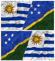 Solomon Islands and Uruguay Half Combined Flags Background with Cloth Bump Texture, Bilateral Relations, Peace and Conflict, 3D Rendering png