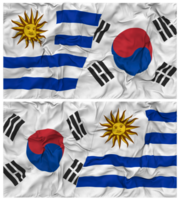 Süd Korea und Uruguay Hälfte kombiniert Flaggen Hintergrund mit Stoff stoßen Textur, bilateral Beziehungen, Frieden und Konflikt, 3d Rendern png