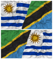 Tanzania en Uruguay voor de helft gecombineerd vlaggen achtergrond met kleding buil textuur, bilateraal relaties, vrede en conflict, 3d renderen png