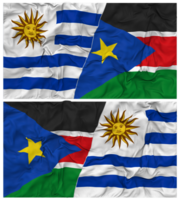 Sud Soudan et Uruguay moitié combiné drapeaux Contexte avec tissu bosse texture, bilatéral rapports, paix et conflit, 3d le rendu png