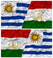 Tajikistan and Uruguay Half Combined Flags Background with Cloth Bump Texture, Bilateral Relations, Peace and Conflict, 3D Rendering png