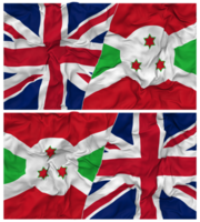 Burundi and United Kingdom Half Combined Flags Background with Cloth Bump Texture, Bilateral Relations, Peace and Conflict, 3D Rendering png