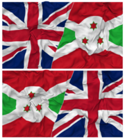 burundi och förenad rike halv kombinerad flaggor bakgrund med trasa stöta textur, bilateral relationer, fred och konflikt, 3d tolkning png