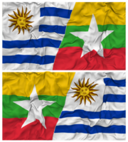 Myanmar, Burma and Uruguay Half Combined Flags Background with Cloth Bump Texture, Bilateral Relations, Peace and Conflict, 3D Rendering png