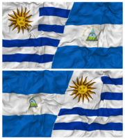 Nicaragua y Uruguay medio conjunto banderas antecedentes con paño bache textura, bilateral relaciones, paz y conflicto, 3d representación png