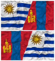 Mongólia e Uruguai metade combinado bandeiras fundo com pano colisão textura, bilateral relações, Paz e conflito, 3d Renderização png