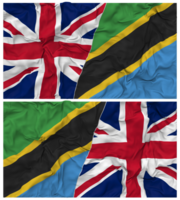 Tanzania en Verenigde koninkrijk voor de helft gecombineerd vlaggen achtergrond met kleding buil textuur, bilateraal relaties, vrede en conflict, 3d renderen png