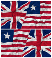 Liberia en Verenigde koninkrijk voor de helft gecombineerd vlaggen achtergrond met kleding buil textuur, bilateraal relaties, vrede en conflict, 3d renderen png