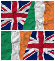 Irlanda e Unidos reino metade combinado bandeiras fundo com pano colisão textura, bilateral relações, Paz e conflito, 3d Renderização png