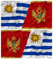 Montenegro en Uruguay voor de helft gecombineerd vlaggen achtergrond met kleding buil textuur, bilateraal relaties, vrede en conflict, 3d renderen png