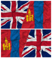 Mongolie et uni Royaume moitié combiné drapeaux Contexte avec tissu bosse texture, bilatéral rapports, paix et conflit, 3d le rendu png