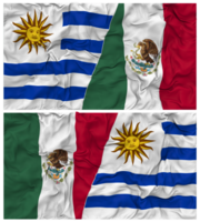 Mexico en Uruguay voor de helft gecombineerd vlaggen achtergrond met kleding buil textuur, bilateraal relaties, vrede en conflict, 3d renderen png