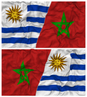 Marokko en Uruguay voor de helft gecombineerd vlaggen achtergrond met kleding buil textuur, bilateraal relaties, vrede en conflict, 3d renderen png