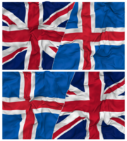 Islande et uni Royaume moitié combiné drapeaux Contexte avec tissu bosse texture, bilatéral rapports, paix et conflit, 3d le rendu png