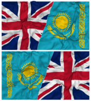 Kazachstan en Verenigde koninkrijk voor de helft gecombineerd vlaggen achtergrond met kleding buil textuur, bilateraal relaties, vrede en conflict, 3d renderen png