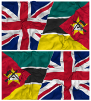 moçambique och förenad rike halv kombinerad flaggor bakgrund med trasa stöta textur, bilateral relationer, fred och konflikt, 3d tolkning png